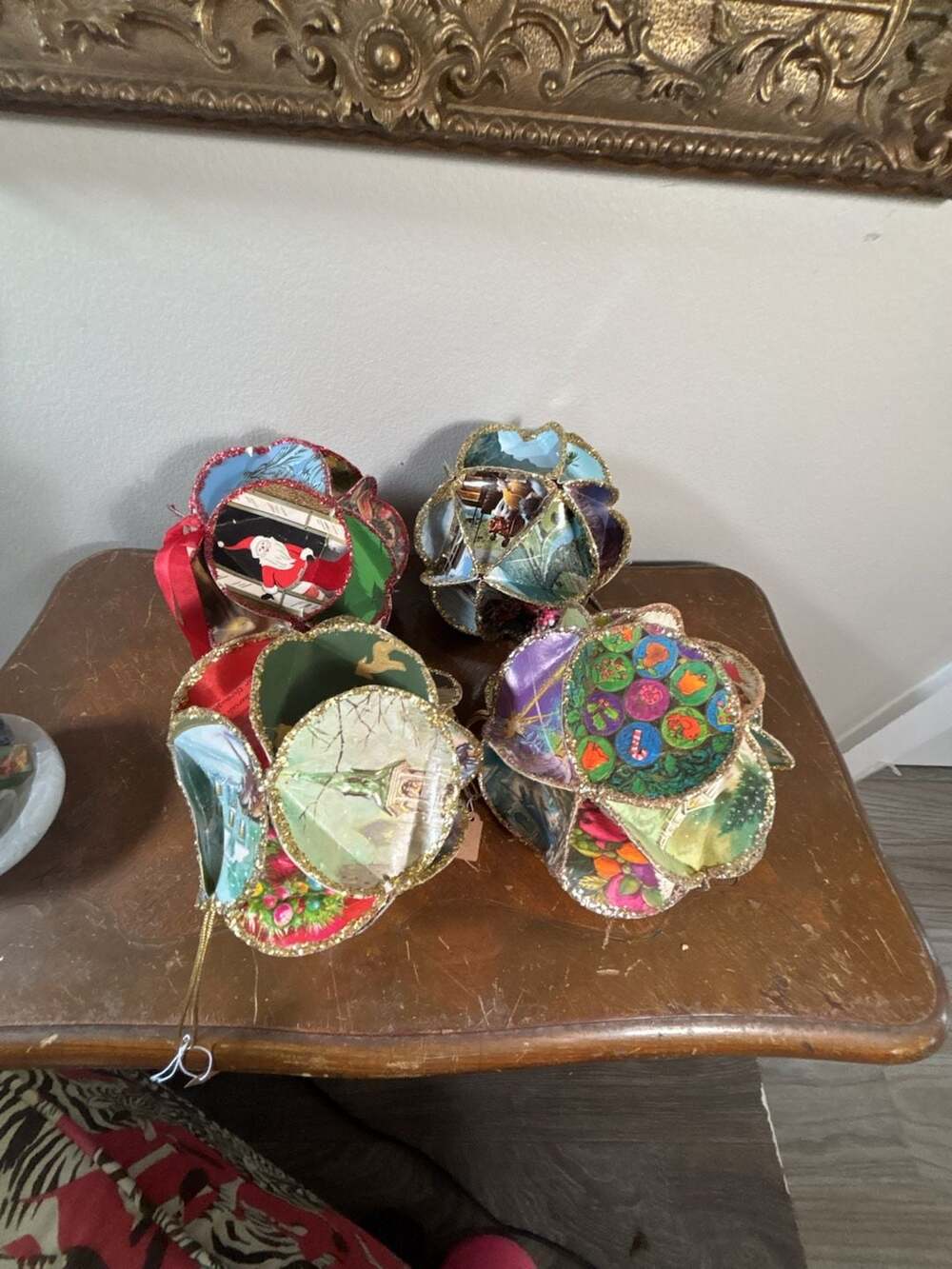 Vintage Handmade Folded Paper Christmas Card Ornaments with Glitter Trim Set